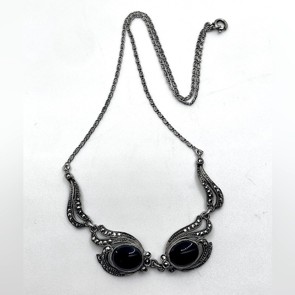 Art Deco Sterling Onyx & Marcasite Ornate Sterling Silver Chain Approx 16” - Picture 2 of 8